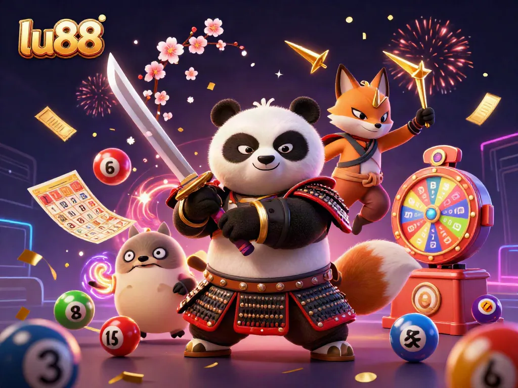 Engage in thrilling gaming adventures at lu88 with dynamic visuals of a samurai panda and ninja fox.