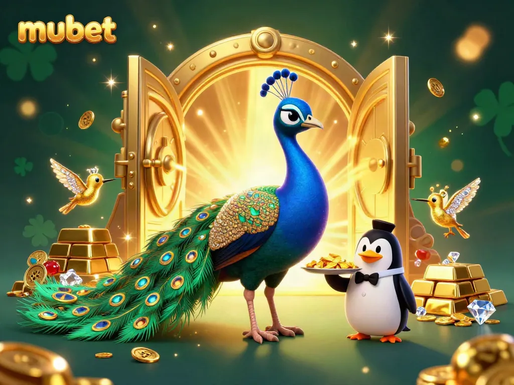 Experience thrilling gameplay at mubet with a magical scene featuring a regal peacock, penguin butler, and hummingbird.
