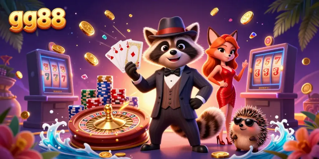 Experience high-stakes excitement at gg88 with a vibrant casino scene featuring a raccoon, fox, and hedgehog.