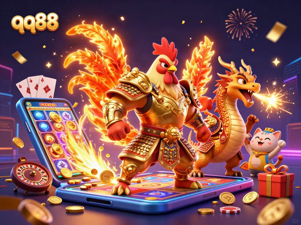 Engage with qq88's vibrant casino experience, featuring warriors, games, and celebratory energy.