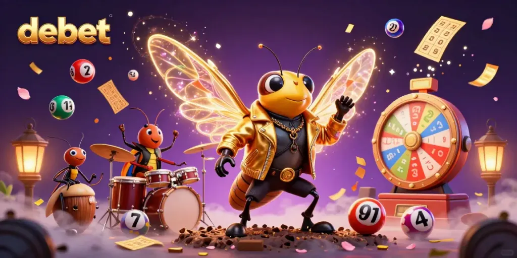 Experience vibrant lottery excitement with debet's dynamic gaming scene featuring a lively rock star and colorful elements.