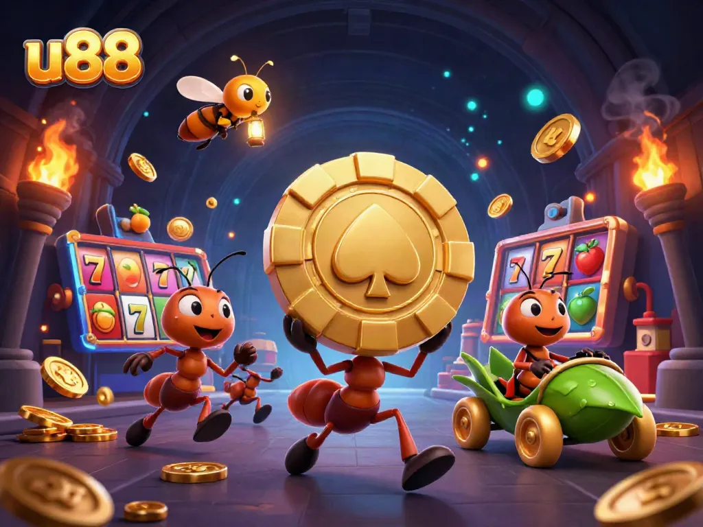 Experience thrilling slots at u88 with cartoon ants heisting a giant poker chip and vibrant casino elements.