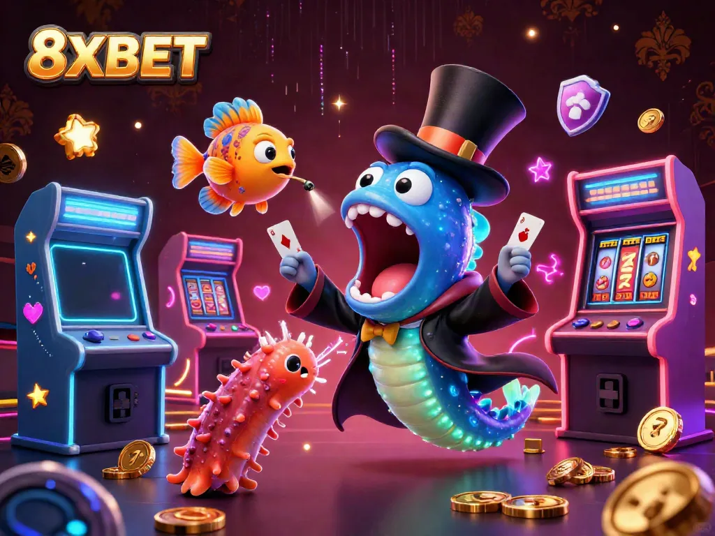 Engage with the vibrant 8XBET casino scene featuring energetic characters and gaming elements, creating a thrilling atmosphere.
