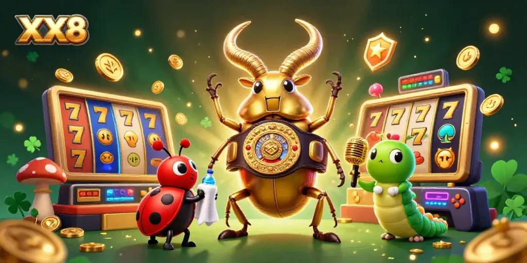 Catch winning moments at XX8 with a dynamic gaming scene featuring a golden stag beetle champion and colorful slot elements.