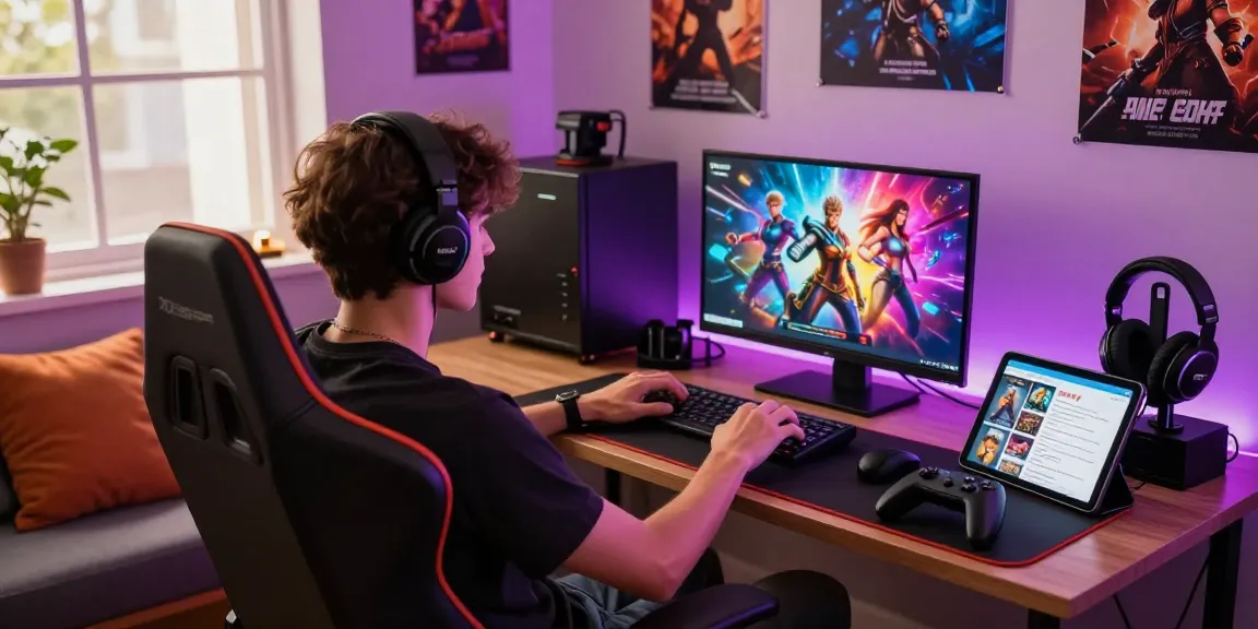 Engaging gaming scene showcasing game porn graphics and a young adult enjoying immersive gameplay with vibrant accessories.