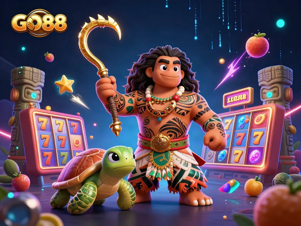 Play GO88 slots with vibrant characters and dynamic game elements in a rich casino scene.