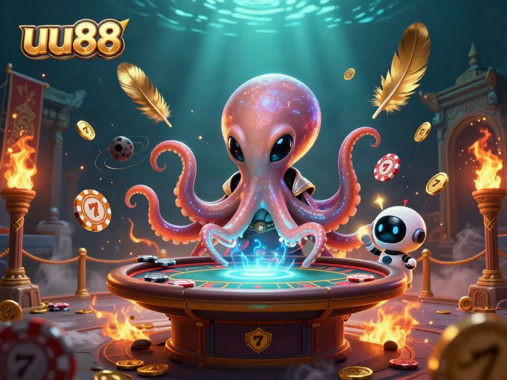uu88 showcases a 3D alien octopus at a vibrant poker table, enhancing gambling thrills.