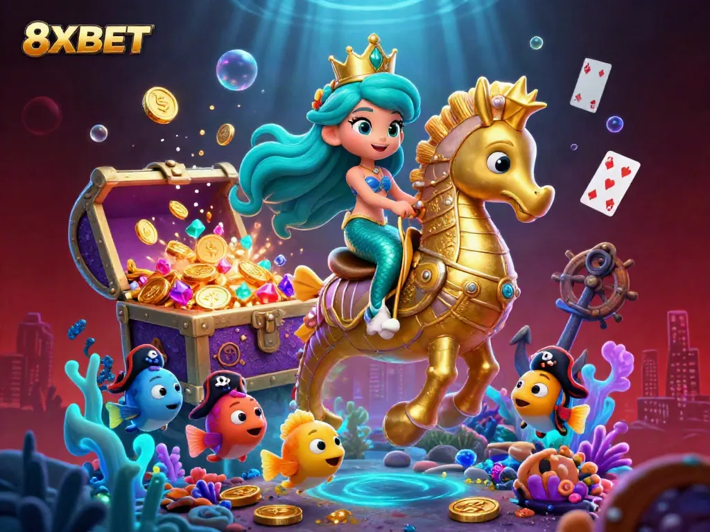 Engage with 8XBET through a vibrant underwater scene featuring a mermaid princess, seahorse, and playful gold treasure.