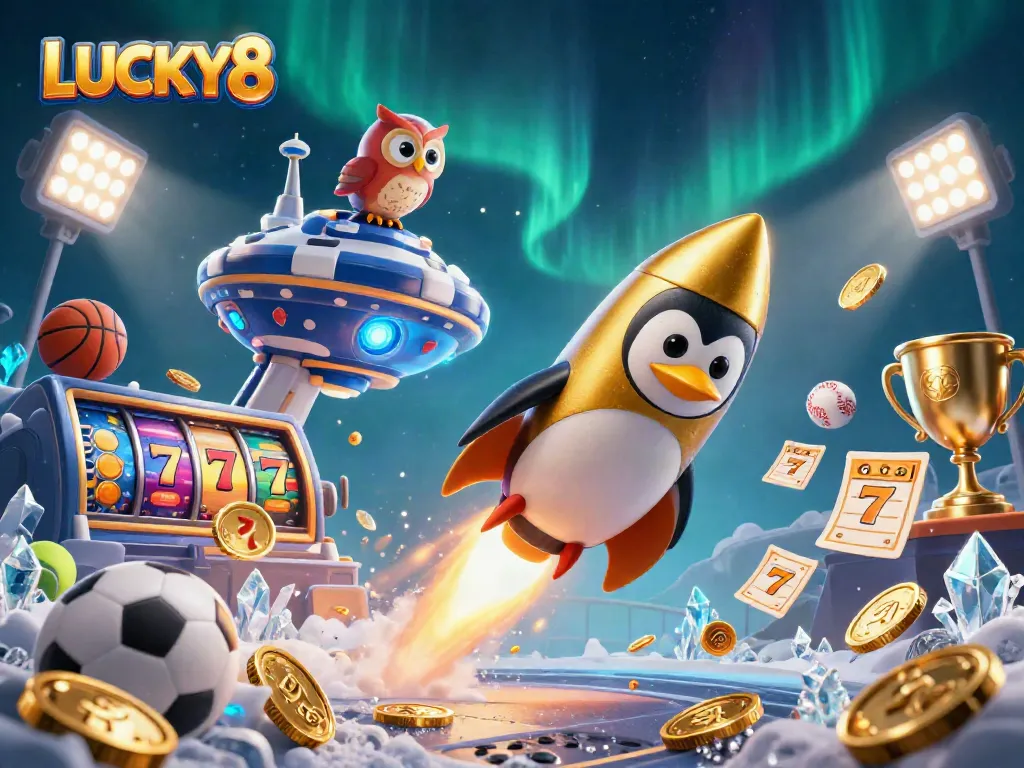 Engage with LUCKY8 through a thrilling cosmic adventure featuring a golden penguin, sports elements, and vibrant neon visuals.