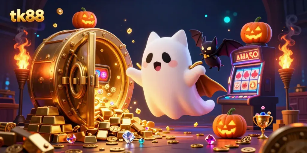 Experience the thrill at tk88's vibrant haunted casino mansion, where a friendly ghost cat interacts with dynamic casino treasures.