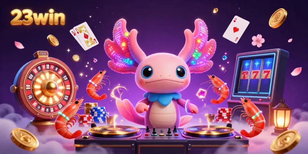 Immerse in the vibrant world of 23win with neon-colored characters celebrating casino excitement and golden coins cascading around them.