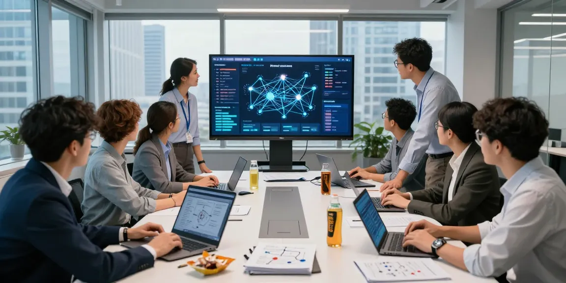 快连 team collaborating on network optimization in a modern office, showcasing professional teamwork and technology.