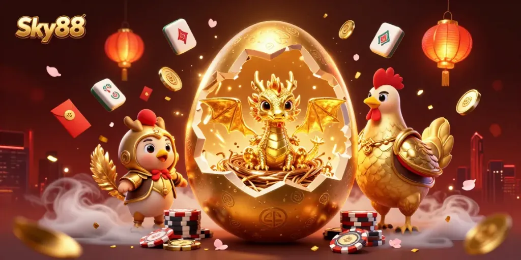 Sky88 showcases a golden dragon emerging from a poker chip nest, highlighting a vibrant casino atmosphere.