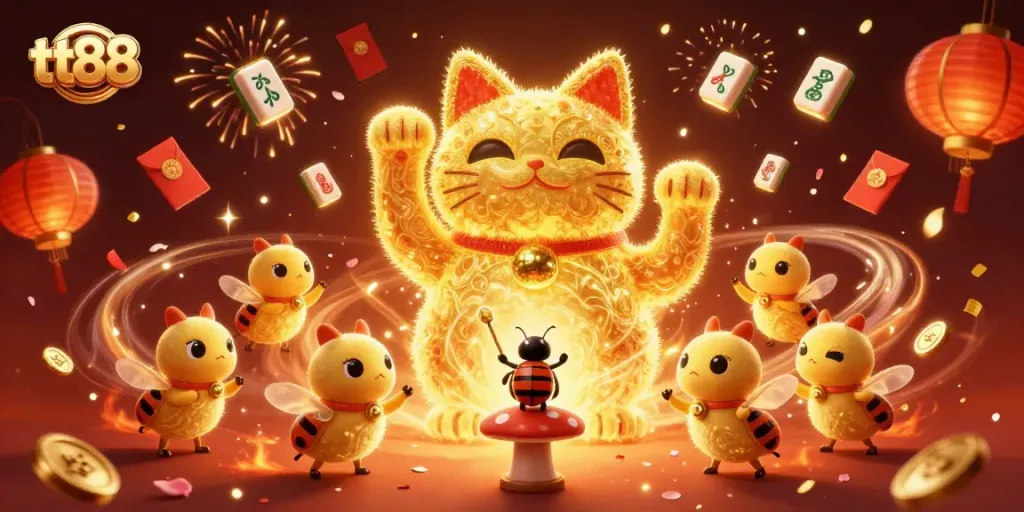 Engage with tt88's thrilling gaming experience through a vibrant illustration of a lucky cat and casino symbols.