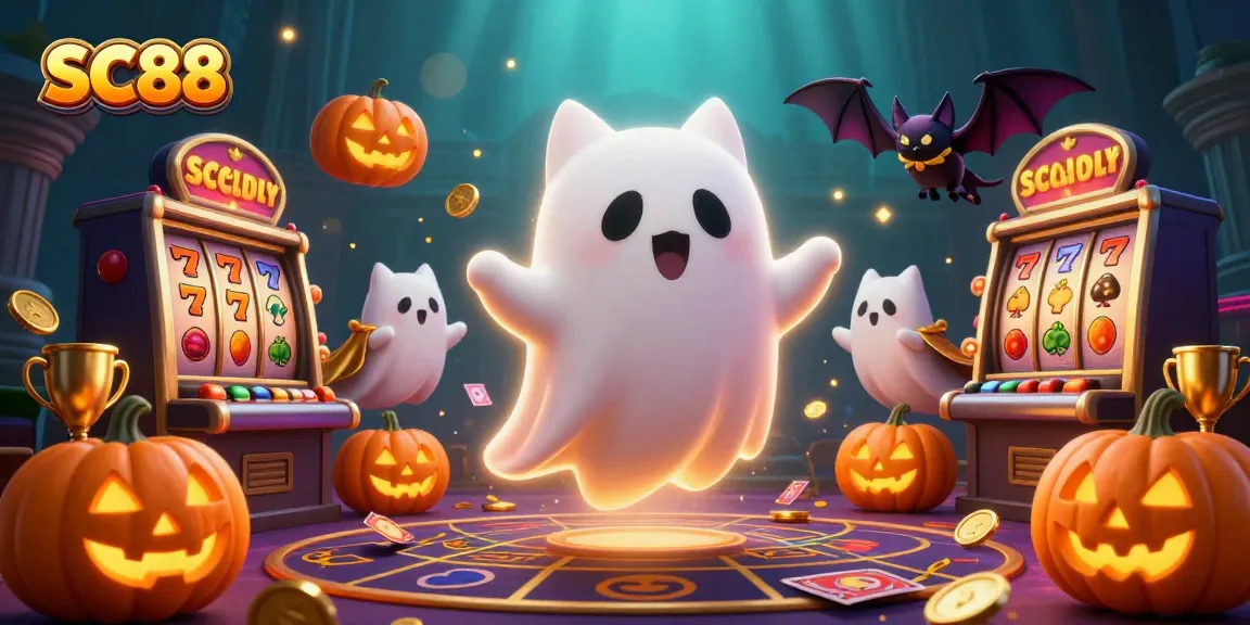 Win big at SC88 with a vibrant 3D scene of a ghost cat and vampire bat in a casino