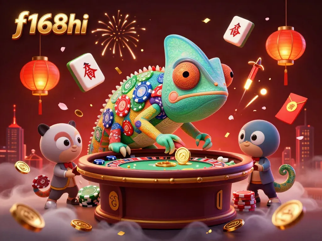 Engage with the vibrant gaming atmosphere of f168hi featuring a lively chameleon casino owner amidst mahjong tiles and lucky elements.