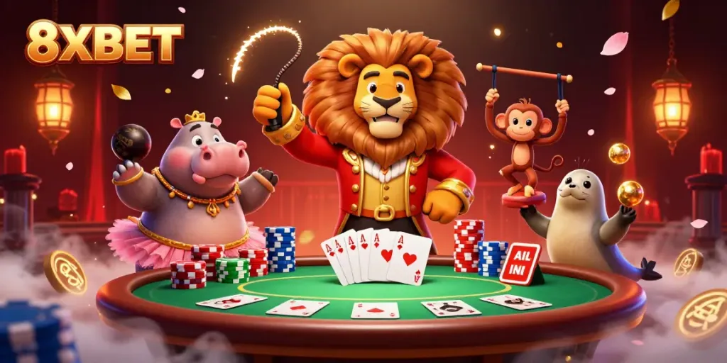 Play 8XBET with lively casino characters in an exciting poker scene packed with vibrant elements.
