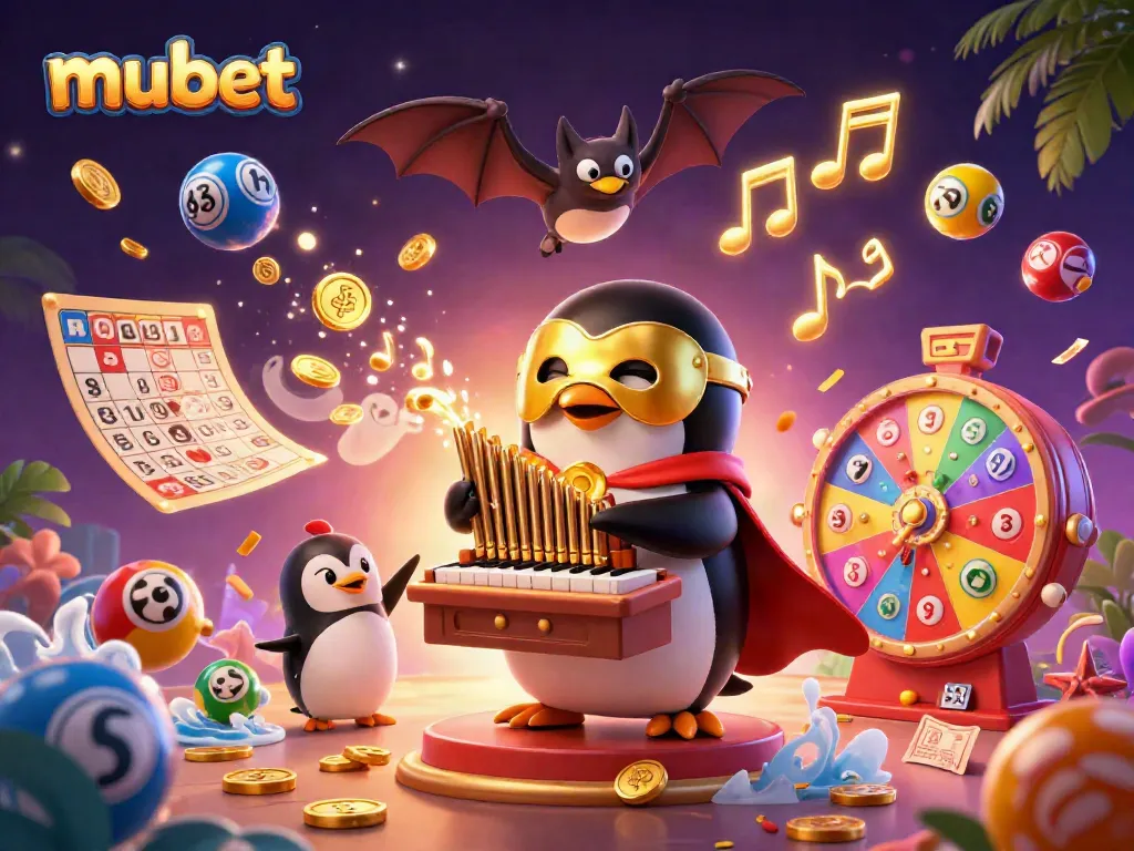 Experience thrilling wins at mubet with a 3D penguin playing a golden organ amidst vibrant jackpot symbols