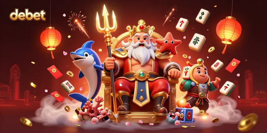 Experience debet's thrilling casino atmosphere with Neptune and samurai in a vibrant 3D illustration.