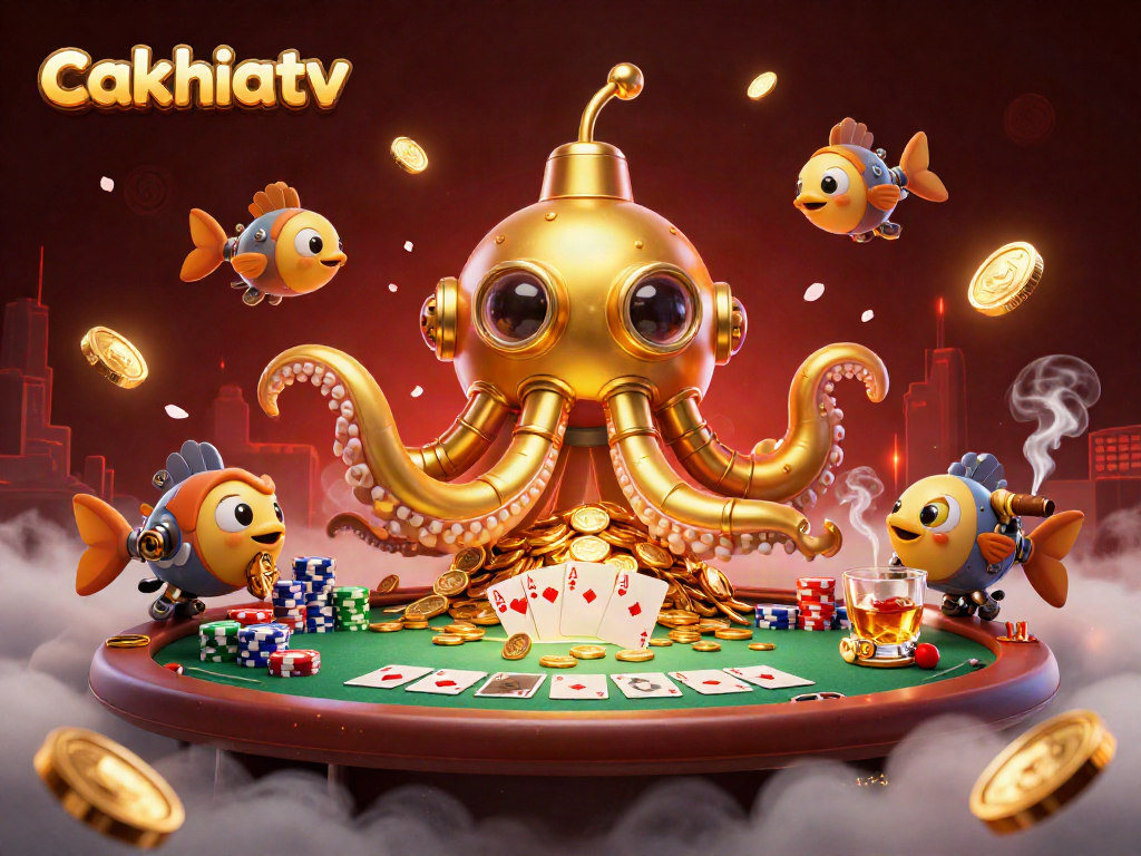 Engage in high-stakes gaming excitement with cakhiatv's vibrant casino scene featuring a golden kraken and poker elements.