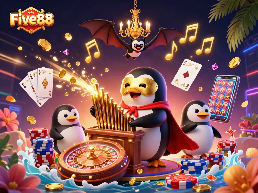 Experience Five88's vibrant gaming atmosphere with stunning 3D characters and exciting casino elements.