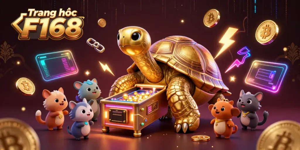 Experience exciting gameplay at Trang chủ F168, with a dazzling 3D illustration of a golden tortoise and crypto elements engaging players.