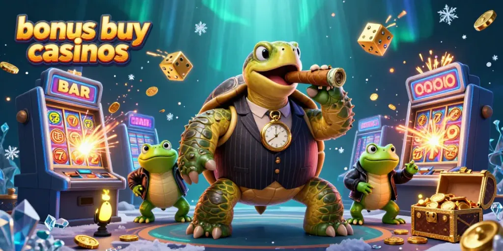 Join the fun at bonus buy casinos with exciting slot machines, a lively snapping turtle, and a vibrant atmosphere.
