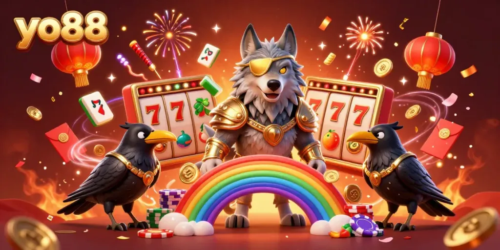 Engage with the thrilling world of yo88, where Odin and his ravens stand triumphantly among vibrant slot reels, jackpot excitement, and festive celebration!