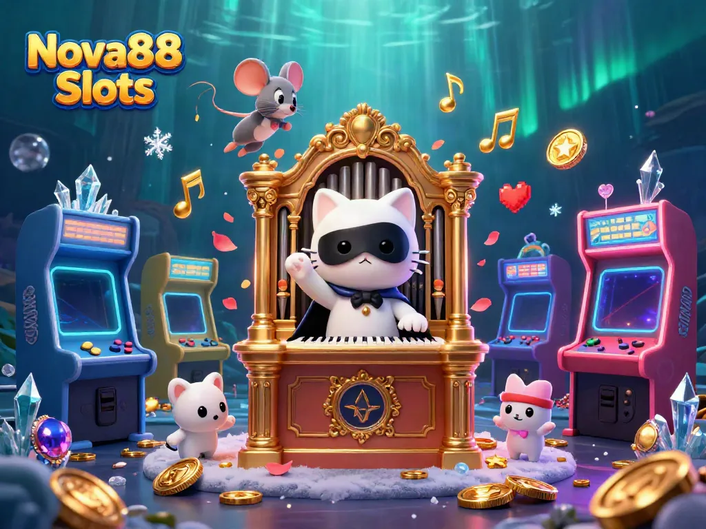 Engage with Nova88 Slots via a mesmerizing 3D casino scene filled with unique characters and vibrant game elements.