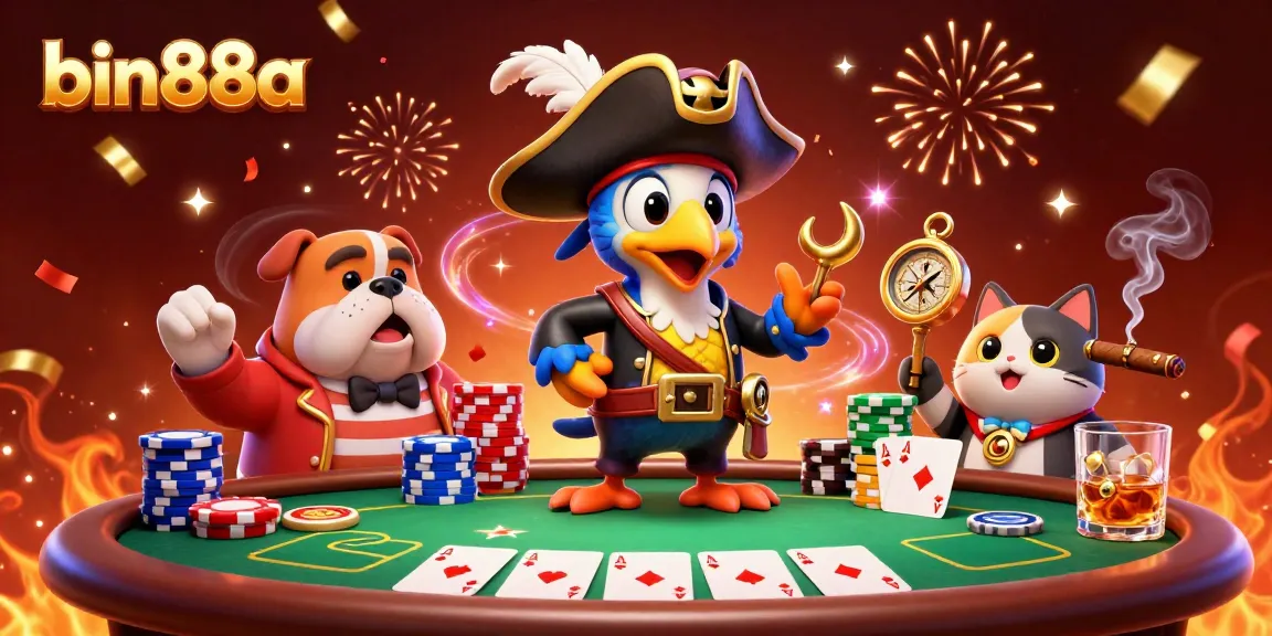 Engage with bin88a's dynamic gaming scene featuring a pirate captain, bulldog, and cat on a vibrant poker setting.