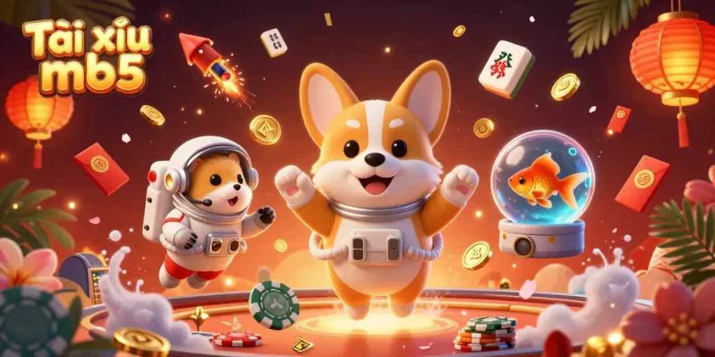 Experience the vibrant entertainment of Tài xỉu mb5 with a colorful casino scene featuring a floating corgi and casino elements.