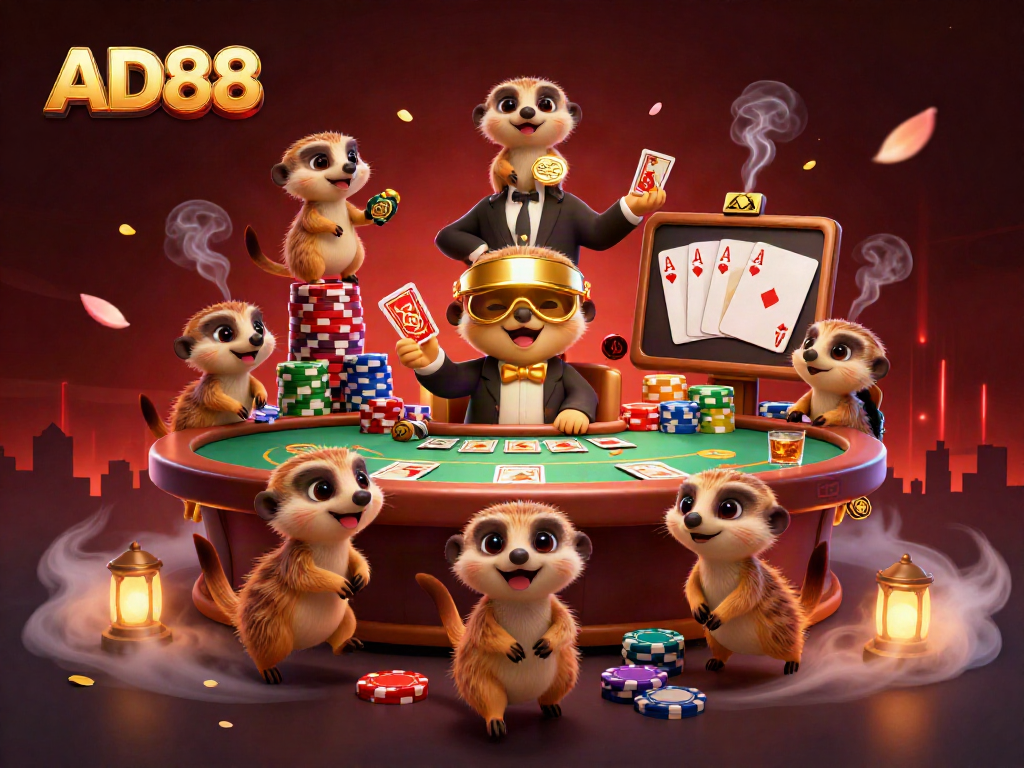 Experience the excitement of AD88 with meerkats running a vibrant casino operation, surrounded by poker elements.