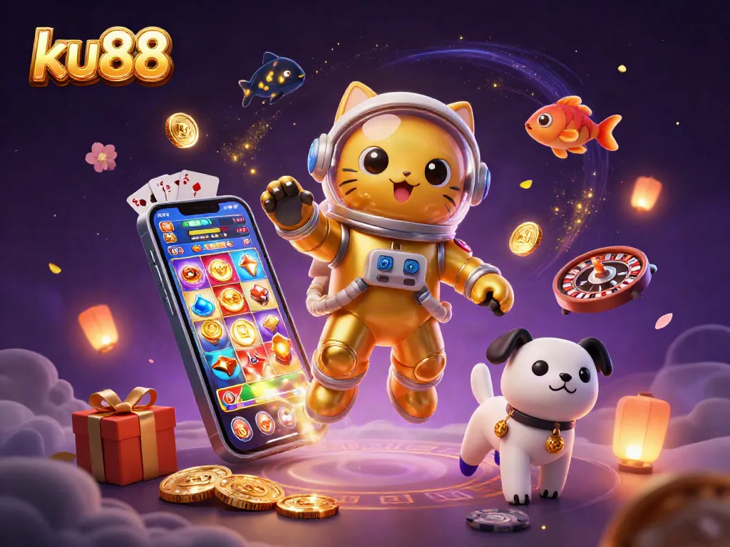 ku88 invites gamblers to play and win in a vibrant, bustling online casino scene filled with colorful gaming elements.