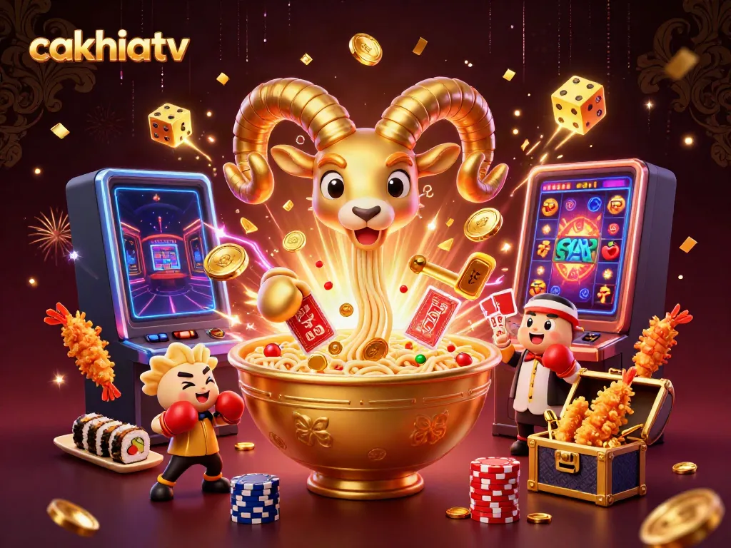 Cakhiatv showcases a vibrant 3D casino scene with animated characters and slot machine excitement.