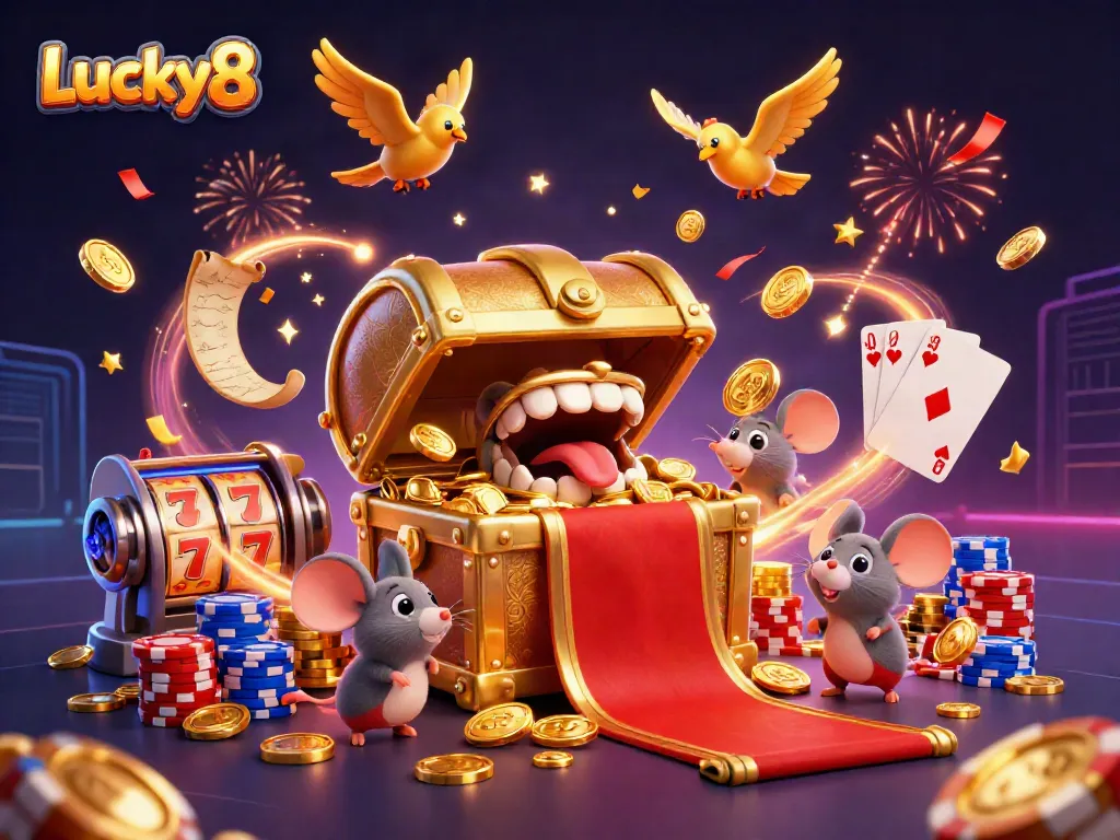 Experience the excitement of Lucky8 with a vibrant scene of treasure, slot machines, and celebration.