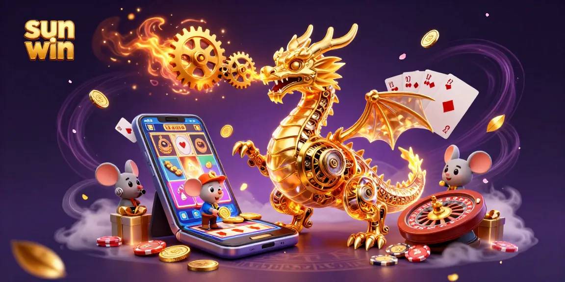 Experience gaming excitement with sun win, featuring a golden dragon and dynamic casino elements.