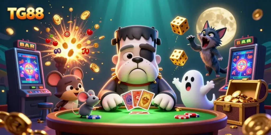 Experience excitement with TG88 as cartoon characters deal cards amidst a vibrant casino scene.