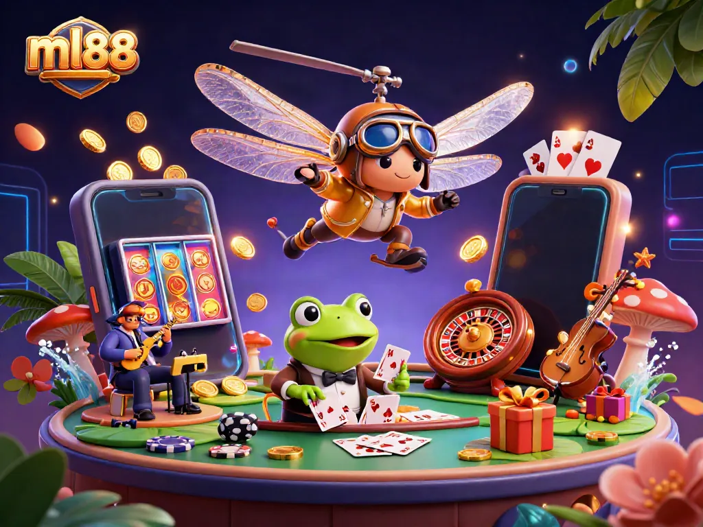 Join the excitement at ml88 with vivid gaming scenes featuring a dragonfly pilot and frog dealer.