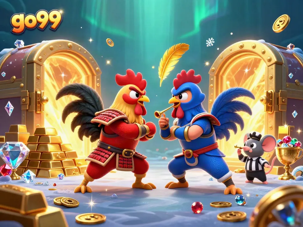 Experience exciting gameplay at go99 with twin roosters battling in a lavish casino scene.