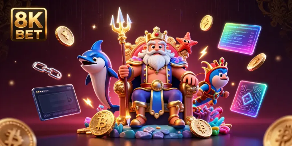 Experience the excitement of 8K BET with vibrant casino-themed 3D elements and characters.