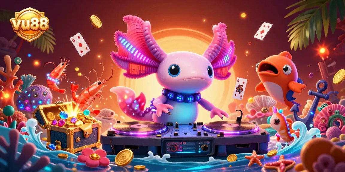 Spin to win with vu88 at an electrifying underwater casino featuring vibrant characters and treasures.