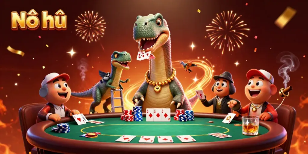 Experience the excitement of Nổ hũ with vibrant casino characters dealing cards amidst a thrilling gaming atmosphere.