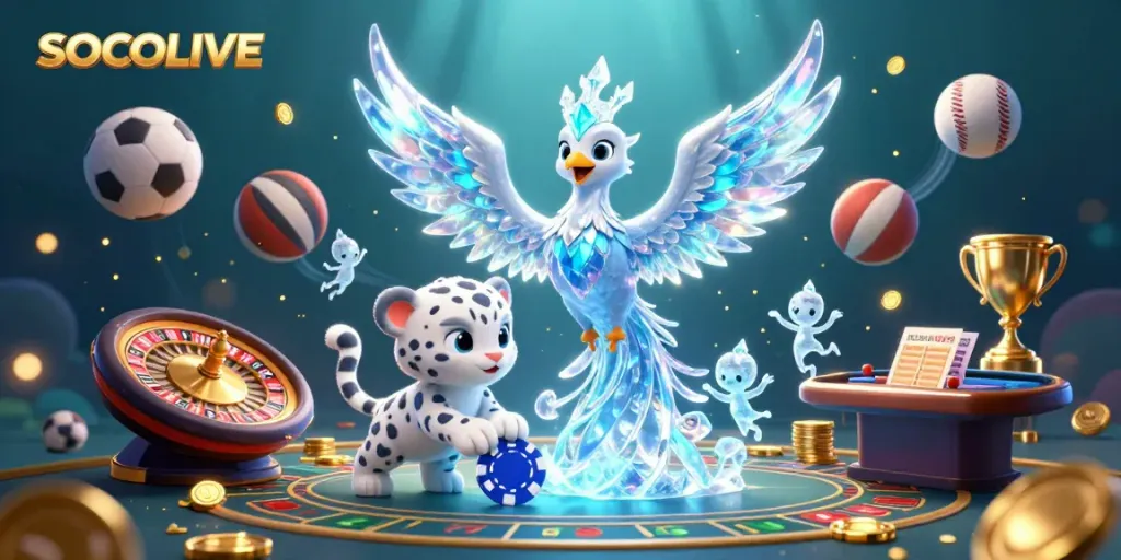SOCOLIVE energizes the game with a vibrant 3D scene featuring a magical ice phoenix and sports elements.