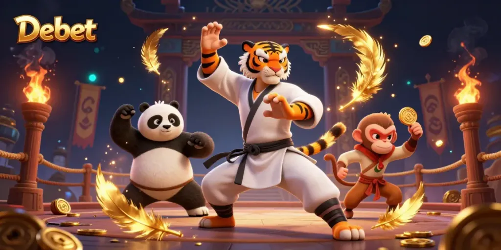 Engage with Debet's dynamic gaming scene featuring kung fu characters in an exciting casino arena.