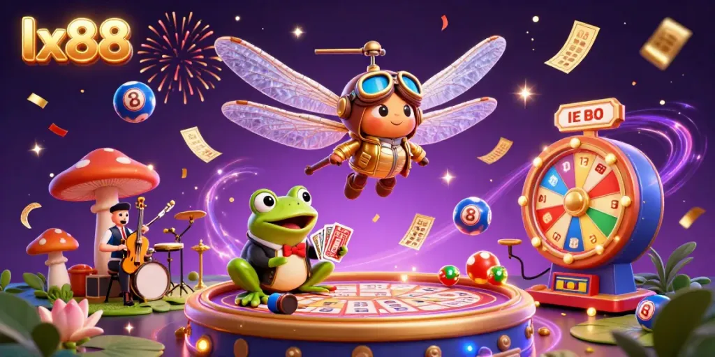 Experience the thrill at lx88 casino with a vibrant dragonfly pilot and frog dealer surrounded by colorful lottery elements.