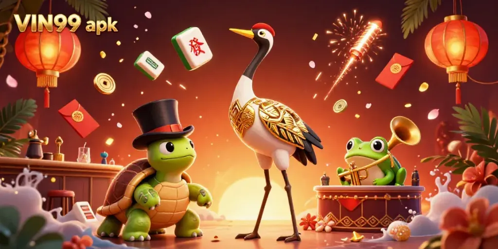 Experience intense gaming action with VIN99 apk in this vibrant illustrated casino scene.