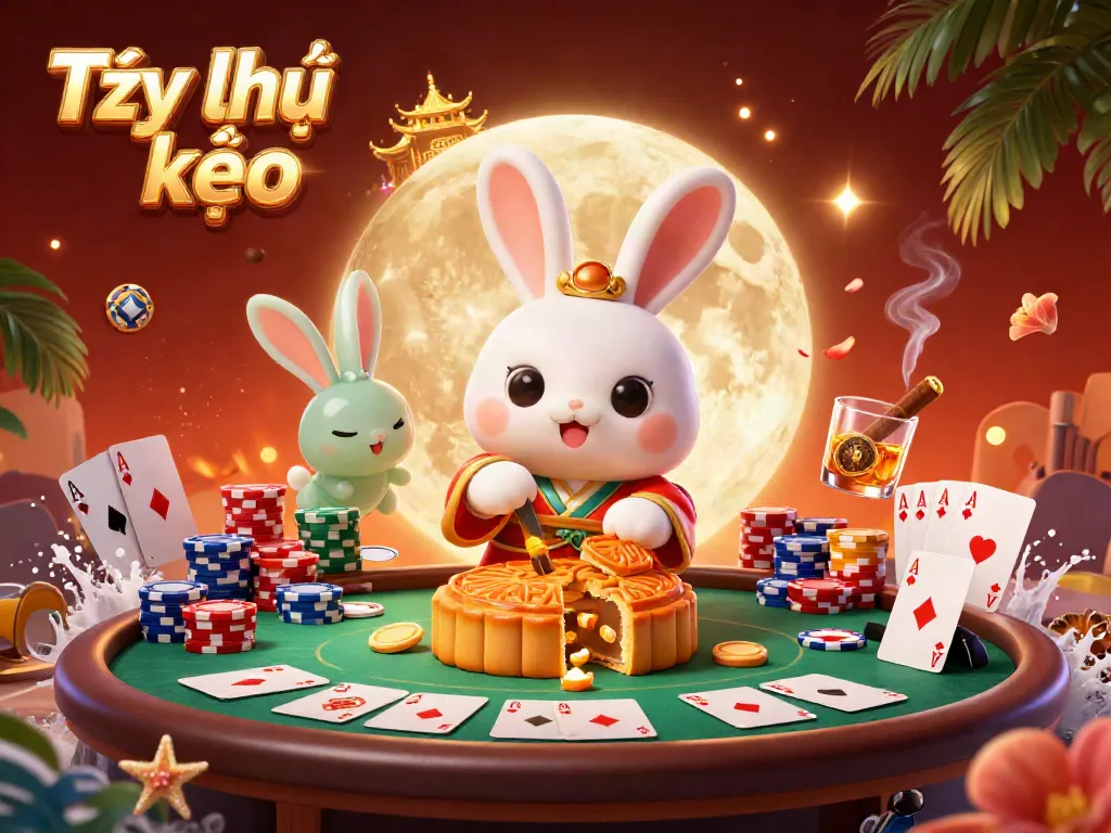 Engage in Tỷ lệ kèo with a vibrant illustration of a moon rabbit and elements of poker.