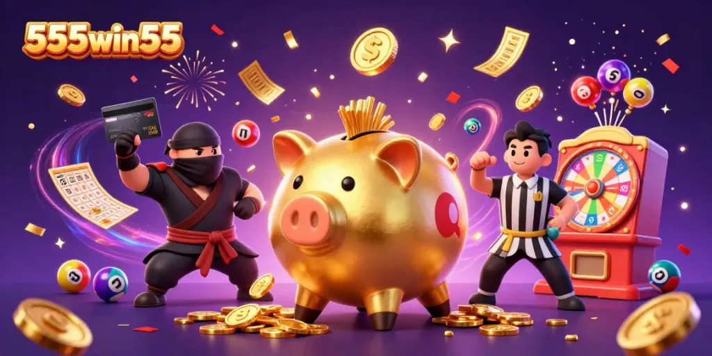 Immerse in the exciting world of 555win55 with a dynamic scene of a golden piggy bank sumo wrestler amidst festive lottery elements.