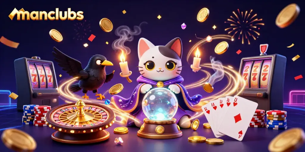 Experience manclubs with a vibrant scene of fortune teller cat, tarot raven, and casino elements.