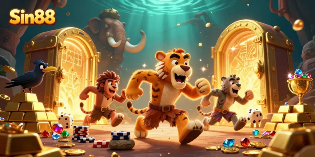 Win big at Sin88 with cartoon caveman characters surrounded by treasures in a prehistoric casino scene.